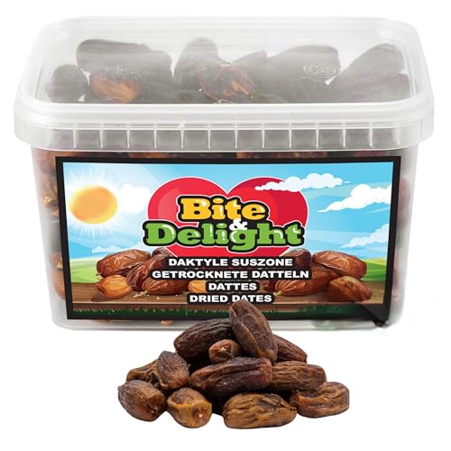 Bite & Delight Getrocknete Datteln - Ganz, Getrocknet und Naturbelassen - Aromatisch Süß - Lecker und Saftig - Verzehrfertiger Fruchtsnack - Vegan - ohne Zuckerzusatz - 1000 ml 500g von Bite & Delight