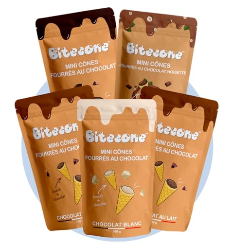 BITECONE - Milchschokolade, Dunkle Schokolade, Weiße Schokolade | Entdeckungspaket | Mini-Waffelhörnchen mit Füllung | Packung mit 5 Beuteln | Snacks mit nachhaltigem Kakao ohne Palmöl | 500g von Bitecone