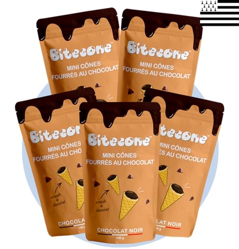 BITECONE - Dunkle Schokolade | Ende der Eistüte | Mini-Waffelhörnchen mit dunkler Schokoladenfüllung | Packung mit 5 Beuteln | Französische Marke | Snacks mit nachhaltigem Kakao | Ohne Palmöl | 500g von Bitecone