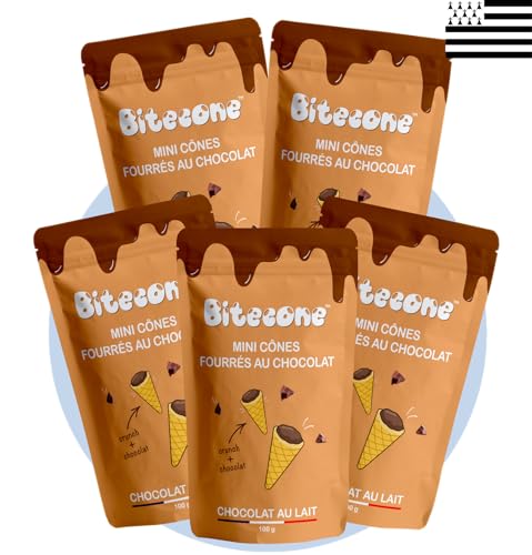 BITECONE - Milchschokolade | Ende der Eistüte | Mini-Waffelhörnchen mit Milchschokoladenfüllung | Packung mit 5 Beuteln | Französische Marke | Snacks mit nachhaltigem Kakao, ohne Palmöl | 500g von Bitecone