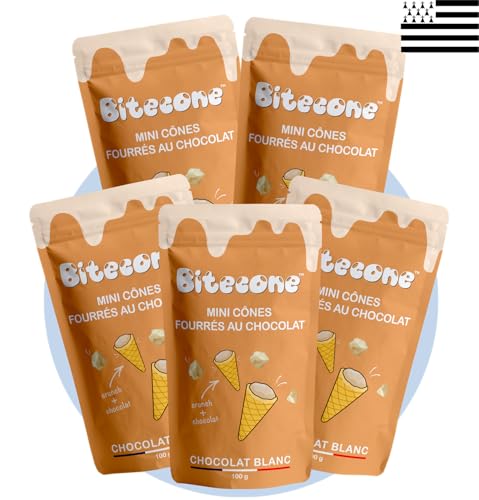 BITECONE - Weiße Schokolade | Ende der Eistüte | Mini-Waffelhörnchen mit weißer Schokoladenfüllung | Packung mit 5 Beuteln | Französische Marke | Snacks mit nachhaltigem Kakao | Ohne Palmöl | 500g von Bitecone