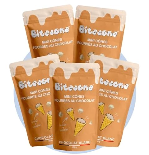 BITECONE - Weiße Schokolade | Ende der Eistüte | Mini-Waffelhörnchen mit weißer Schokoladenfüllung | Packung mit 5 Beuteln | Französische Marke | Snacks mit nachhaltigem Kakao | Ohne Palmöl | 500g von Bitecone