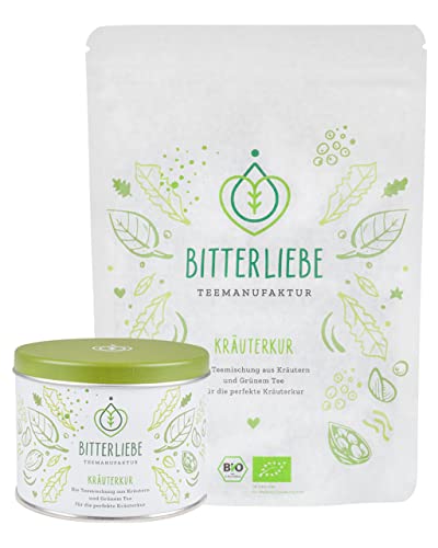 BitterLiebe® Teemanufaktur Kräuterkur Set mit Vorratsdose (50g) und Nachfüllbeutel (100g) I Bio Kräutertee lose mit der Kraft der Bitterstoffe von Bitterliebe