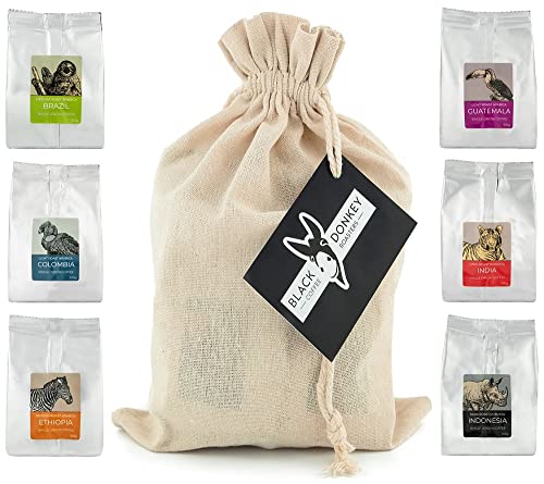 Gourmet Kaffeebohnen Geschenkset - COFFEES OF THE WORLD | Kaffeebohnen 600g (6 x 100g) - 6 feinste Single Origin Kaffees | Geschenkidee im Geschenkkorb-Stil für Sie & Ihn von Black Donkey