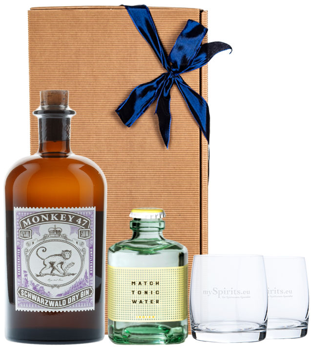 Geschenk-Set Monkey 47 Gin, Match Indian Tonic & Tumbler (47 % vol, 0,7 Liter) von Black Forest Distillers