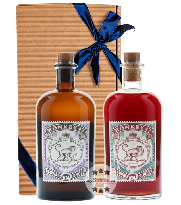 Geschenkset: Monkey 47 Dry Gin + Monkey 47 Sloe Gin (29 & 47 % Vol., 1,0 Liter) von Black Forest Distillers