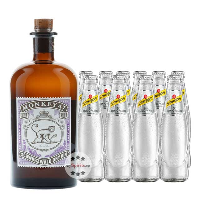 Monkey 47 Dry Gin & 10 x Schweppes Dry Tonic Set (47 % Vol., 2,5 Liter) von Black Forest Distillers