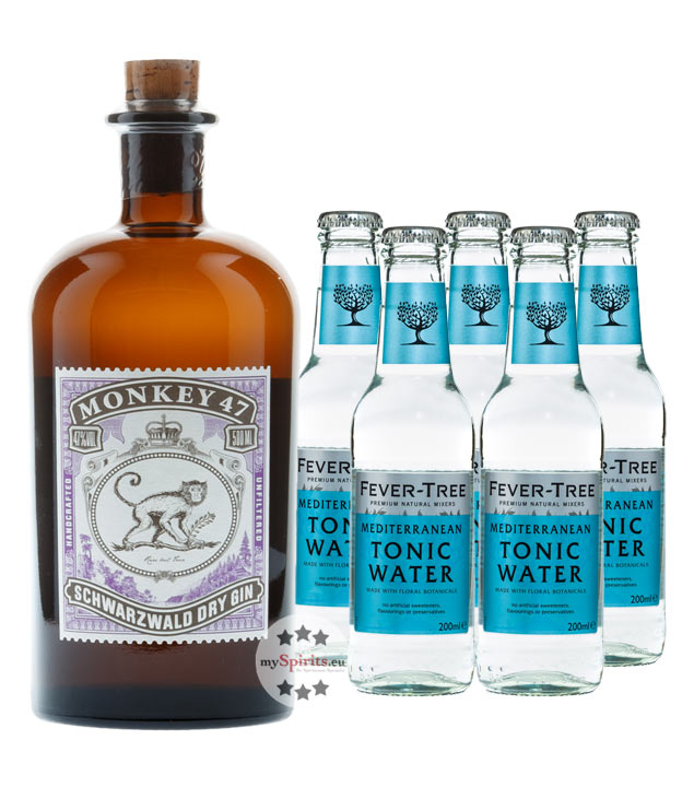 Monkey 47 Gin & 5 x Fever-Tree Mediterranean Tonic Water (47 % Vol., 1,5 Liter) von Black Forest Distillers
