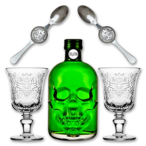 Absinthe"Amnesie" 69,9% alc. Vol. + 2x Absinthe Glas"Amboise" + 2x Absinthe Löffel"Skull" von Black Fox