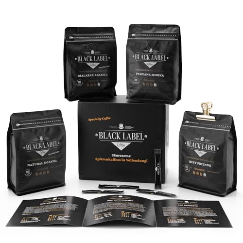Black Label Coffee® Kaffeebohnen Probierset l Exklusives Geschenkset für Kaffeeliebhaber mit edler Verschlussklammer l 4x330g säurearmer Kaffee ganze Espresso Bohnen für Vollautomat & Siebträger von Black Label Coffee