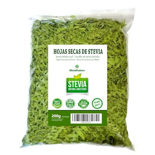 Getrocknete Steviablätter - 100% natürlich - Reine Auswahl 200g - Vegan - Geschenk-Infusionskugel aus Edelstahl von BlendNature