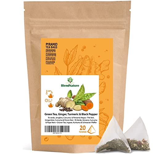 Grüner Tee mit Ingwer + Kurkuma und Pfeffer für Aufgüsse + reinigendes Diuretikum und Antioxidans DETOX – in 20 Pyramidenbeuteln – 100% natürlich von BlendNature
