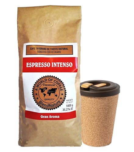 Kaffeebohnen 1 kg Espresso - intensive natürliche Röstung - In einer Geschenkbox - 79 Punkte (SCA) + Geschenk-Thermosglas 350 ml Cork Nature Exterior. von BlendNature