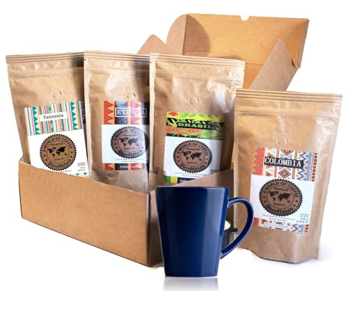 Kaffeepackung 4 x 250 g in Bohnen – Auswahl der besten Kaffees der Welt Arabicas + Brasilien Kolumbien Äthiopien und Uganda + Geschenkbox + Vintage-Tasse – Höchste Qualität, bestätigt durch die SCA Kaffeepackung 4 x 250 g in Bohnen – Auswahl der besten Kaffees der Welt Arabicas + Brasilien Kolumbien Äthiopien und Uganda + Geschenkbox + Vintage-Tasse – Höchste Qualität, bestätigt durch die SCA von BlendNature