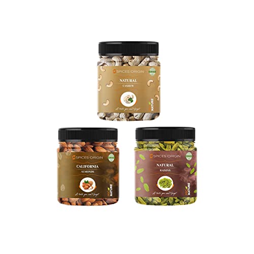 Spices Origin Premium Healthy Raw Nuts Dry Fruits Kombipackung (250 g Mandeln (NP), 250 g Cashew, 250 g Rosinen, 750 g in Packung) - Diwali-Fest | Deepawali-Geschenkpaket _Verpackung kann variieren von Blessfull Healing