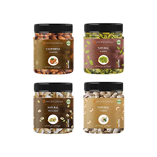 Spices Origin Premium-Trockenfrüchte-Kombipackung – (250 g * 4) 1 kg (Mandeln, Cashewnüsse, Pistazien, Rosinen)_Die Verpackung kann variieren von Blessfull Healing