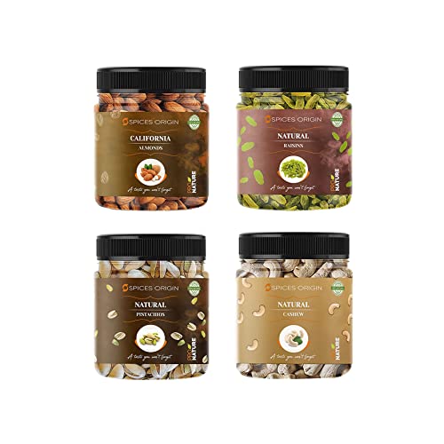 Spices Origin Trockenfrüchte Combo Pack – 1000 g (Mandeln, Cashewnüsse, Pistazien, Rosinen – 250 g) – All Premium. | Diwali Gift Combo_Packing kann variieren von Blessfull Healing