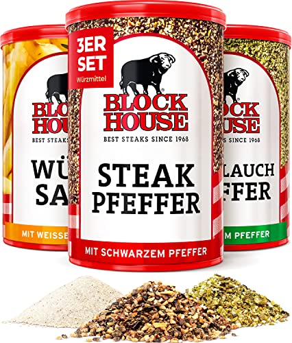 Block House Steak Pfeffer mit schwarzem Pfeffer, Würzsalz mit weissem Pfeffer, Knoblauchpfeffer mit grünem Pfeffer von Block House