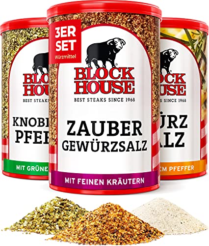 Block House Würzsalz mit weissem Pfeffer, Zaubergewürzsalz mit feinen Kräutern, Knoblauchpfeffer mit frünem Pfeffer von Block House