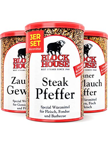 Block House Gewürze zum Grillen Grillset - Zaubergewürzsalz 280g Steak Pfeffer 200g Grüner Knoblauch Pfeffer 200g von Block House