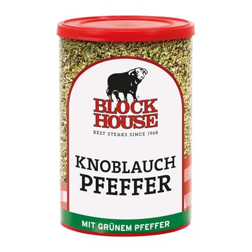 Block House Knoblauch Pfeffer, Gewürzmischung für Fleisch, Fisch und Gemüse in Restaurantqualität, 200g Dose mit Streuaufsatz von Block House