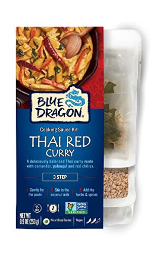 Blue Dragon 3-stufiges Thai-Curry-Set, vorportionierte Beutel mit roter Currypaste, Kokosmilch, Kräutern und Gewürzen, um das perfekte Curry zu kreieren, vegan, 252 ml (1 Stück) von Blue Dragon