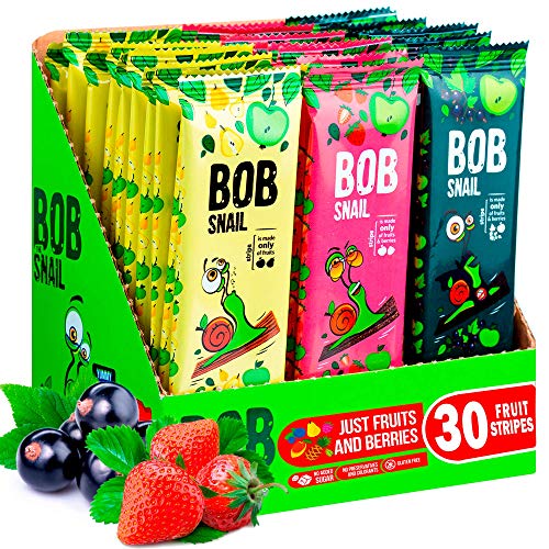 Bob Snail Vegane Vielfrucht-Riegel - 30 Gesunde Snacks Einzeln Verpackt von Kinder und Erwachsene mit Erdbeeren, schwarze Johannisbeere, Apfel und Birne - Zuckerfreie Kalorienarme Süßigkeiten von Bob Snail