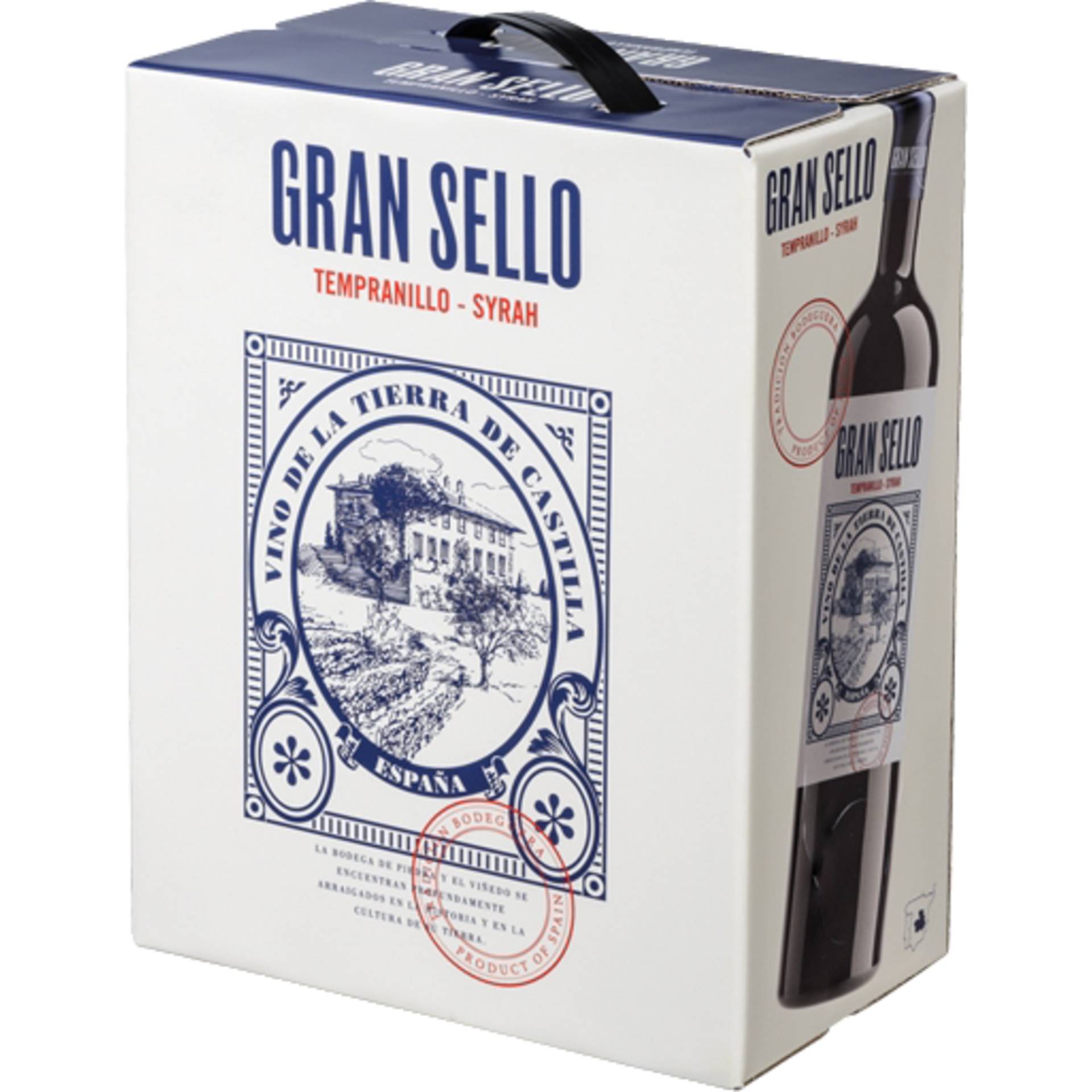 Gran Sello Tempranillo Syrah, Vino de la Tierra de Castilla, Bag in Box, 3,0 L, Kastilien - La Mancha, 2021, Rotwein Gran Sello Tempranillo Syrah, Vino de la Tierra de Castilla, Bag in Box, 3,0 L, Kastilien - La Mancha, 2021, Rotwein von Bodegas Gran Sello c/ Ctra. Villarrubia, 11. | 45350 - Noblejas – Toledo – España
