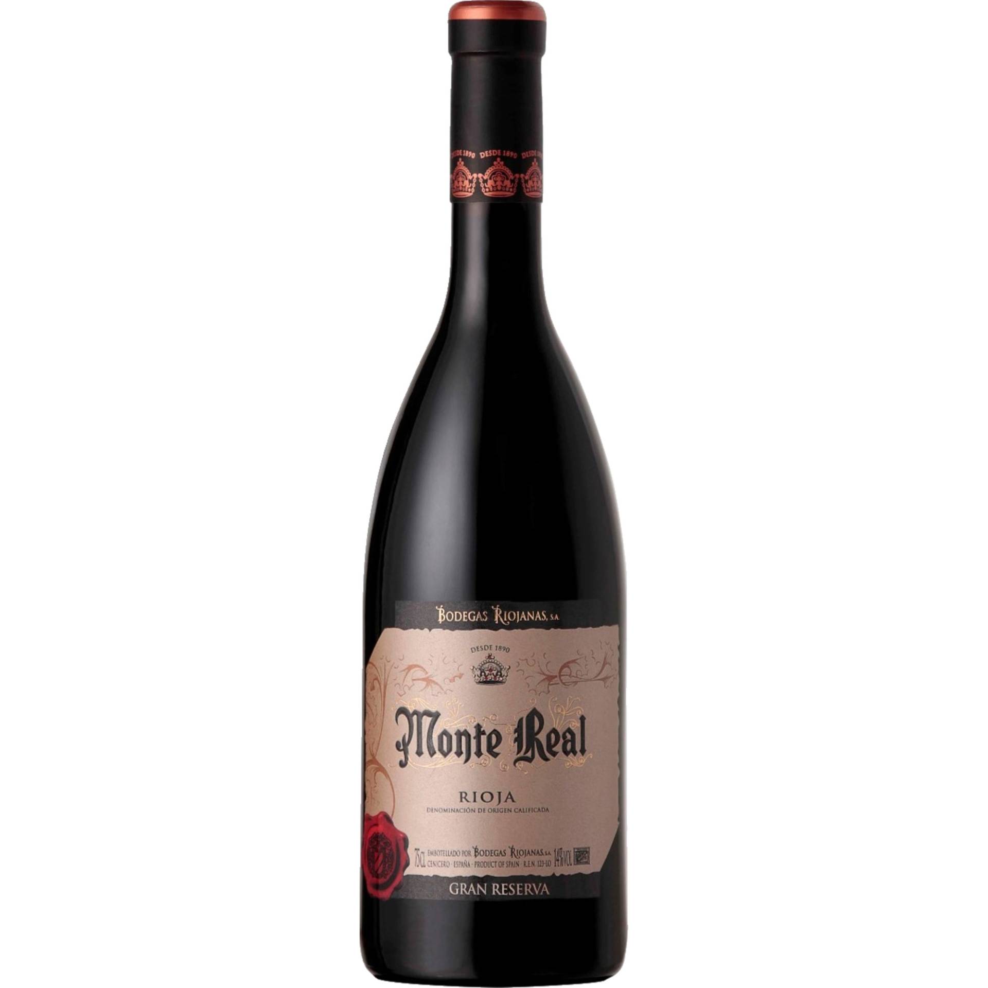 Monte Real Rioja Gran Reserva, Rioja DOCa, Rioja, 2016, Rotwein von Bodegas Riojanas, S.A., Cenicero, España, R.E.N. 123-LO