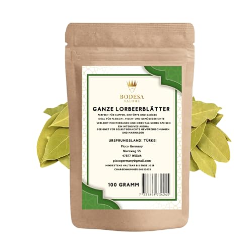 Handverlesene Lorbeerblätter 100g – Ganze getrocknete Blätter aus der Türkei – Intensives Aroma, ideal für Suppen, Eintöpfe und mediterrane Gerichte (100 Gramm) von Bodesa Valore