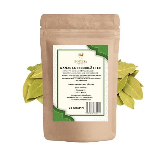 Handverlesene Lorbeerblätter 25g – Ganze getrocknete Blätter aus der Türkei – Intensives Aroma, ideal für Suppen, Eintöpfe und mediterrane Gerichte (25 Gramm) von Bodesa Valore