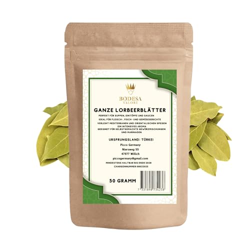 Handverlesene Lorbeerblätter 50g – Ganze getrocknete Blätter aus der Türkei – Intensives Aroma, ideal für Suppen, Eintöpfe und mediterrane Gerichte (50 Gramm) von Bodesa Valore
