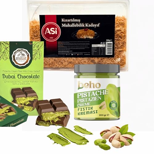 60g Dubai-Schokolade als Geschenk – Dubai-Schokolade Set - Selber machen | 4 in 1 Set: 200g Kadayif, 200g Pistaziencreme,1 Rezept, 60g Dubai Schokolade | Die Dubai Schokolade von Bodesa Valore