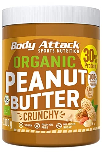 Body Attack Bio Peanut Butter Crunchy, 1kg, Bio-Erdnussbutter ohne Palmöl, Erdnussmus vegan, organic, ungesüßt, 28% Protein von Body Attack Sports Nutrition