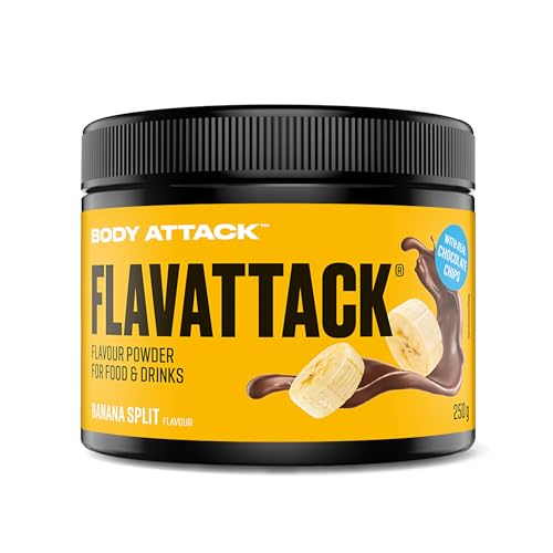 Body Attack Flavattack - Banana Split - 250 g, nur 11 kcal/Portion - Intensives Flavour Pulver für Müsli, Rice Pudding, Haferflocken, Drinks etc. - Geschmackspulver ohne Palmöl, Aspartam, Gluten von Body Attack Sports Nutrition