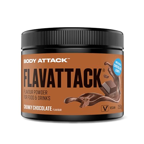 Body Attack Flavattack - Chunky Chocolate - 250 g, nur 9 kcal/Portion - Intensives Flavour Pulver für Müsli, Rice Pudding, Haferflocken, Drinks etc. - Geschmackspulver ohne Palmöl, Aspartam, Gluten von Body Attack Sports Nutrition