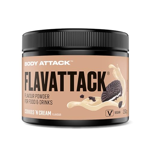 Body Attack Flavattack - Cookies N Cream - 250 g, nur 7 kcal/Portion - Intensives Flavour Pulver für Müsli, Rice Pudding, Haferflocken, Drinks etc. - Geschmackspulver ohne Palmöl, Aspartam, Gluten von Body Attack Sports Nutrition