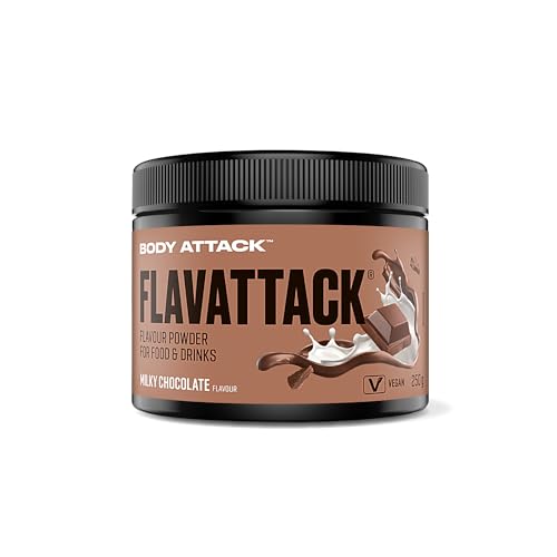 Body Attack Flavattack - Milky Chocolate - 250 g, nur 8 kcal/Portion - Intensives Flavour Pulver für Müsli, Rice Pudding, Haferflocken, Drinks etc. - Geschmackspulver ohne Palmöl, Aspartam, Gluten von Body Attack Sports Nutrition