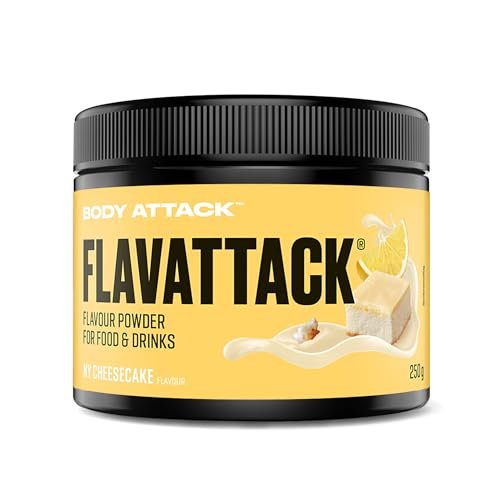 Body Attack Flavattack - NY Cheesecake - 250 g, nur 7 kcal/Portion - Intensives Flavour Pulver für Müsli, Rice Pudding, Haferflocken, Drinks etc. - Geschmackspulver ohne Palmöl, Aspartam, Gluten von Body Attack Sports Nutrition