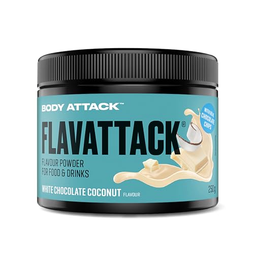 Body Attack Flavattack - White Choc Coconut - 250 g, nur 9 kcal/Portion - Intensives Flavour Pulver für Müsli, Rice Pudding, Haferflocken, Drinks etc. - Geschmackspulver ohne Palmöl, Aspartam, Gluten von Body Attack Sports Nutrition