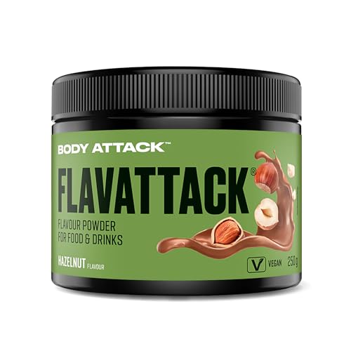Body Attack Flavattack - Hazelnut - 250 g, nur 7 kcal/Portion - Intensives Flavour Pulver für Müsli, Rice Pudding, Haferflocken, Drinks etc. - Geschmackspulver ohne Palmöl, Aspartam, Gluten von Body Attack Sports Nutrition