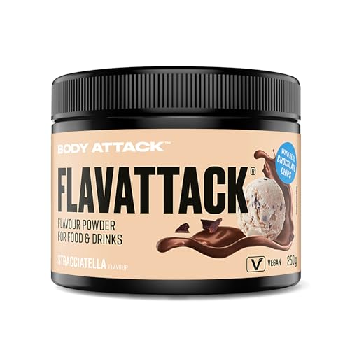 Body Attack Flavattack - Stracciatella - 250 g, nur 9 kcal/Portion - Intensives Flavour Pulver für Müsli, Rice Pudding, Haferflocken, Drinks etc. - Geschmackspulver ohne Palmöl, Aspartam, Gluten von Body Attack Sports Nutrition