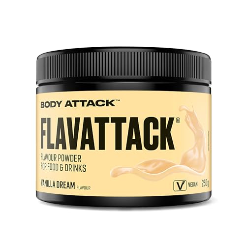 Body Attack Flavattack - Vanilla Dream - 250 g, nur 7 kcal/Portion - Intensives Flavour Pulver für Müsli, Rice Pudding, Haferflocken, Drinks etc. - Geschmackspulver ohne Palmöl, Aspartam, Gluten von Body Attack Sports Nutrition