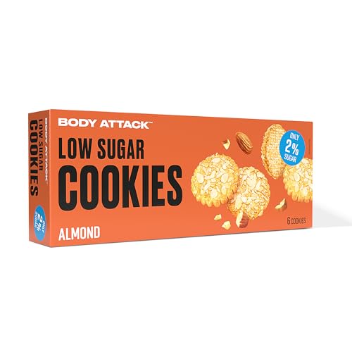 BODY ATTACK LOW SUGAR COOKIES - Almond - 130 g - Köstliche Sorten mit wenig oder keinem Zucker - Kekse mit Protein - Eiweißreicher low sugar Snack - Aspartamfrei, Made in Germany von Body Attack Sports Nutrition