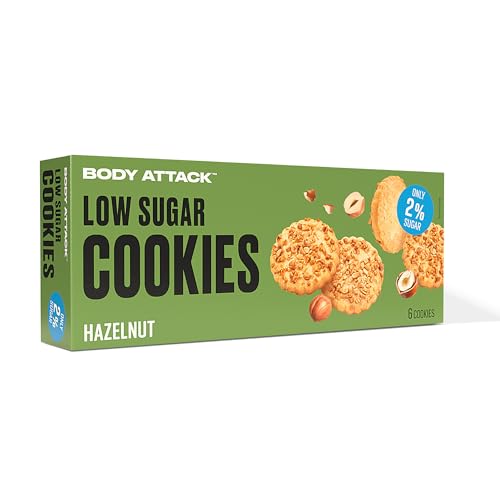 BODY ATTACK LOW SUGAR COOKIES - Hazelnut - 130 g - Köstliche Sorten mit wenig oder keinem Zucker - Kekse mit Protein - Eiweißreicher low sugar Snack - Aspartamfrei, Made in Germany von Body Attack Sports Nutrition