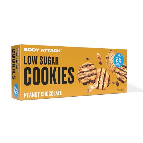 BODY ATTACK LOW SUGAR COOKIES - Peanut Choc - 125 g - Köstliche Sorten mit wenig oder keinem Zucker - Kekse mit Protein - Eiweißreicher low sugar Snack - Aspartamfrei, Made in Germany von Body Attack Sports Nutrition