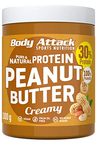 Body Attack Protein Peanut Butter, 1kg, Creamy, Vegan, Natürliche Erdnussbutter ohne Salz & Palmfett - Low Sugar Erdnussmus mit 30% Protein von Body Attack Sports Nutrition