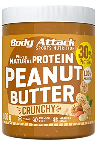 Body Attack Erdnussbutter 30% Protein ohne Zuckerzusatz mit Stückchen Peanut Butter Crunchy 1 kg von Body Attack