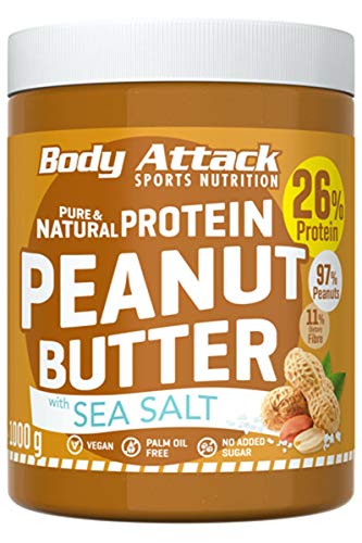 Body Attack Protein Erdnussbutter, Peanut Butter ohne Zucker ohne Zusätze, Erdnussmus ohne Salz, Öl oder Palmfett, natürliche Nussbutter | Sea Salt | 1000g von Body Attack Sports Nutrition