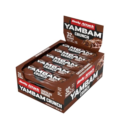 Body Attack YAMBAM Crunch, Chocolate Brownie, 15 x 55g, Proteinriegel Mix mit 33% Eiweiß,Low Sugar Fitnessriegel ohne Aspartam,Palm Oil frei + Ballaststoffe,Crunch Effekt,Made in Germany von Body Attack Sports Nutrition